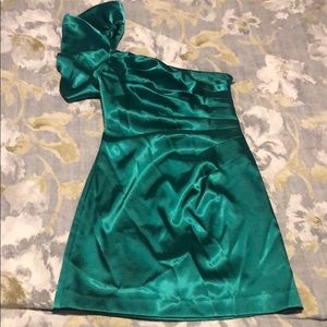 Green satin one shouldered cocktail dress